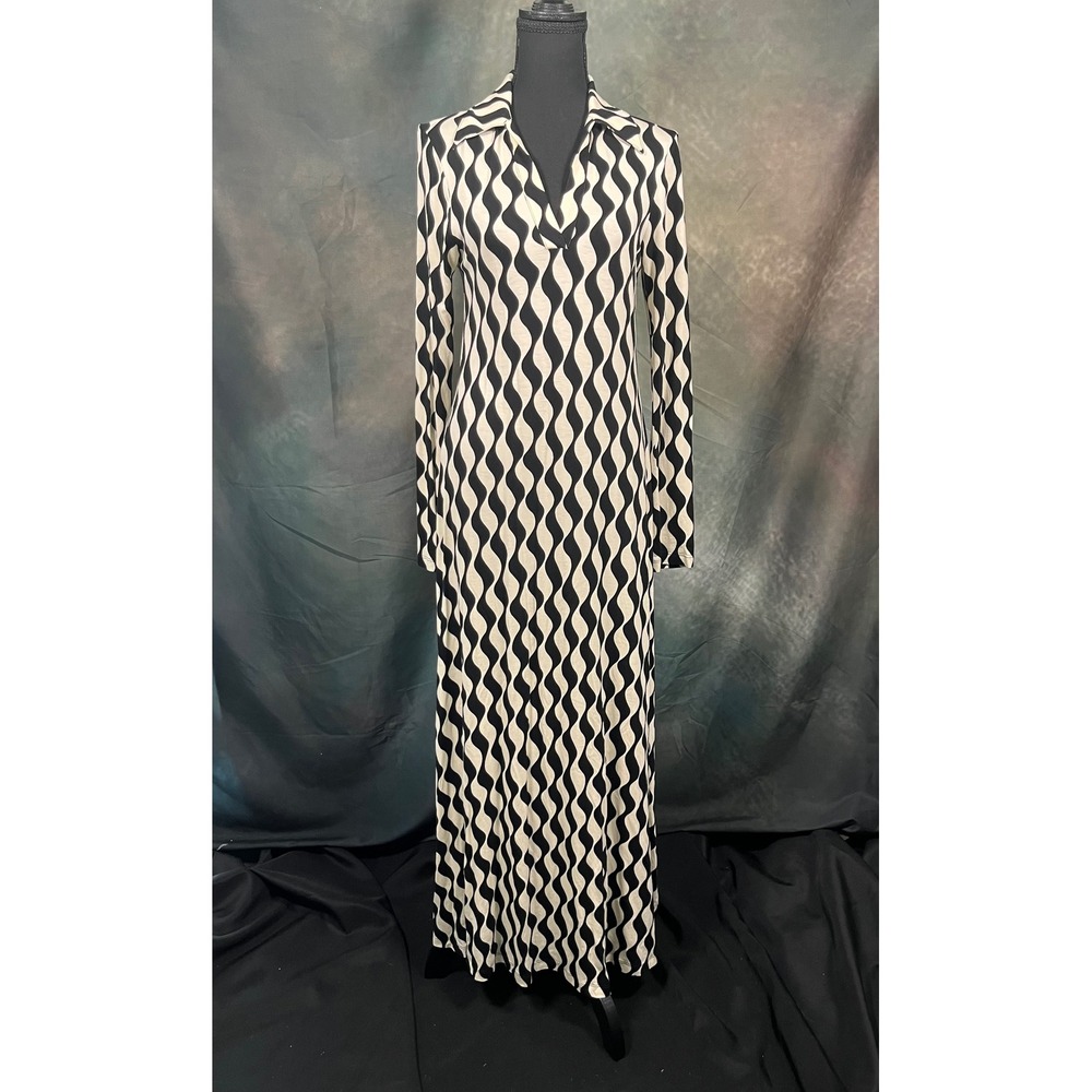 Rixo Tillie Black Cream Wavy Psychedelic Jersey Maxi Dress US 6 UK 10